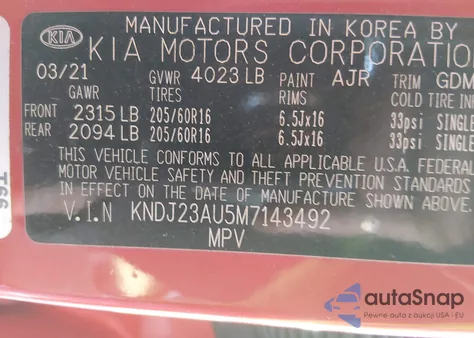 2021 Kia Soul Lx z USA, uszkodzony, nr VIN KNDJ23AU5M7143492